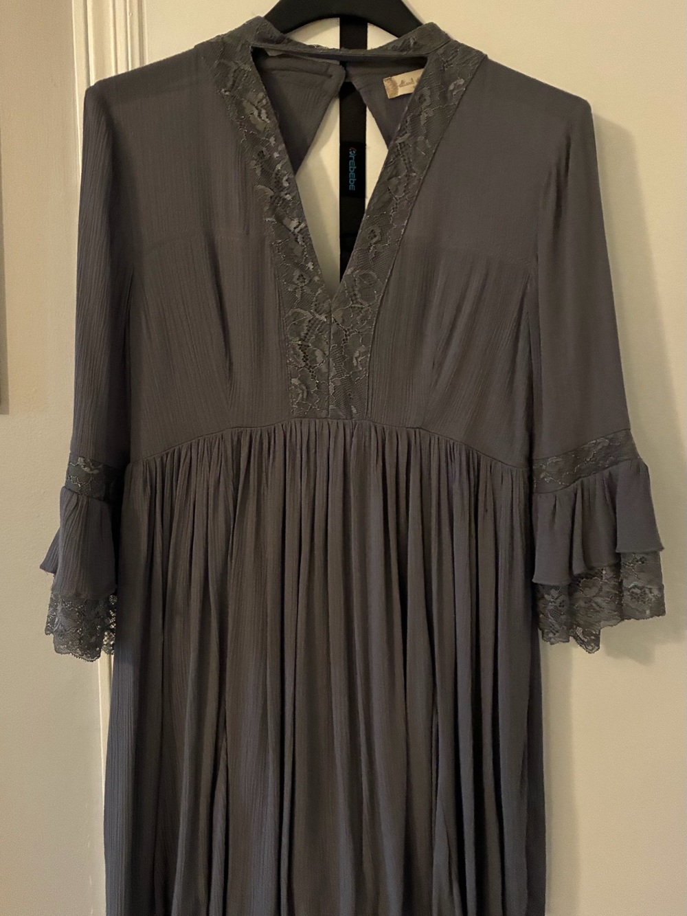Altar'd State Gray Lace-Trim V-Neck Pleated Tunic Dress